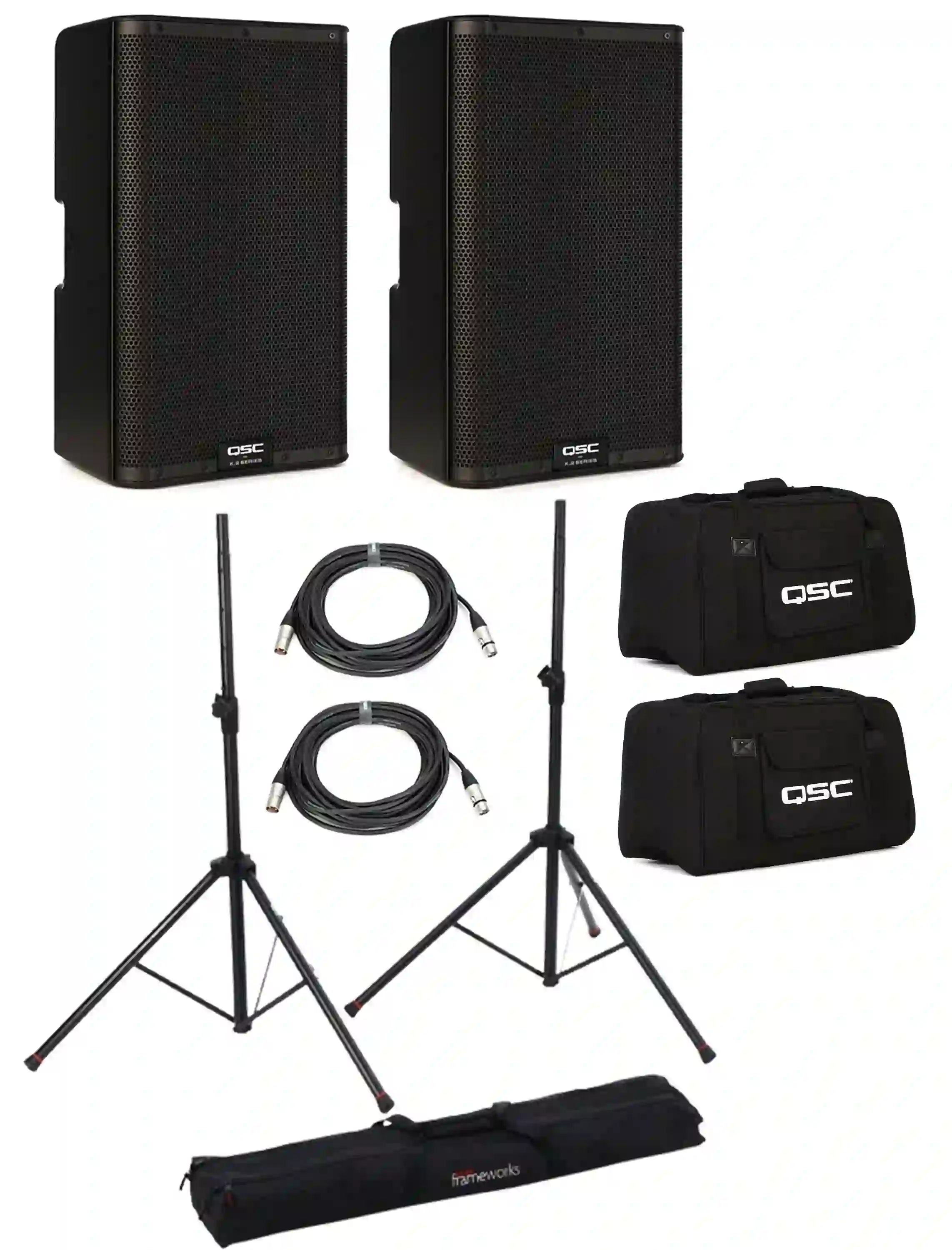 QSC K10.2 Powered Speaker Pair with Stands, Cables, and Bags